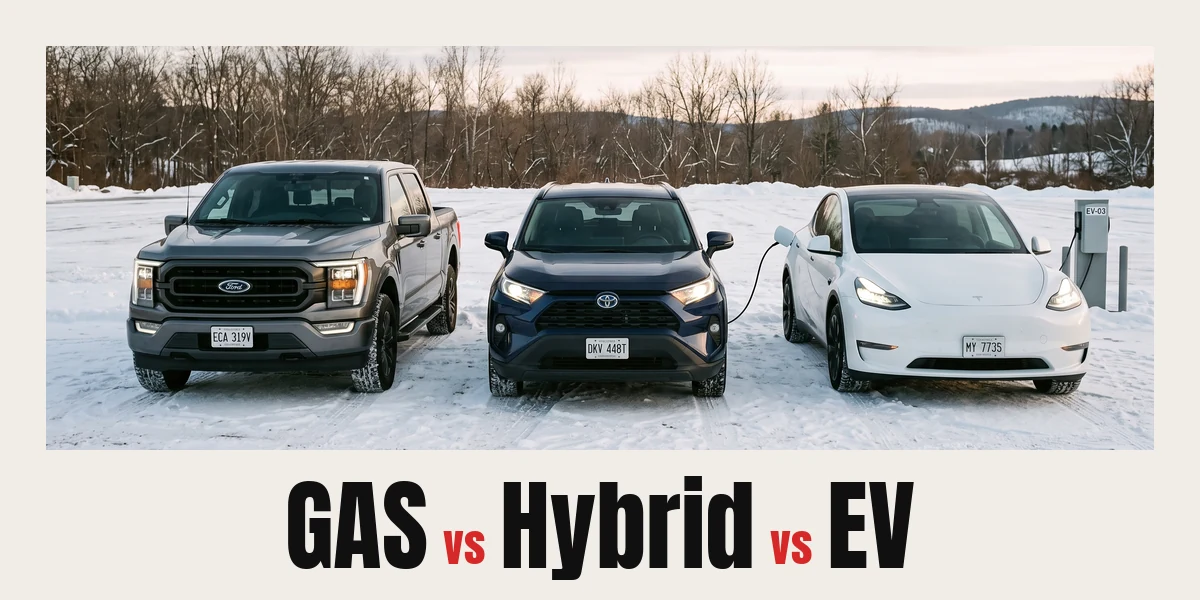 A gas pickup, a hybrid crossover and an electric car parked side by side on snow, captioned GAS vs Hybrid vs EV
