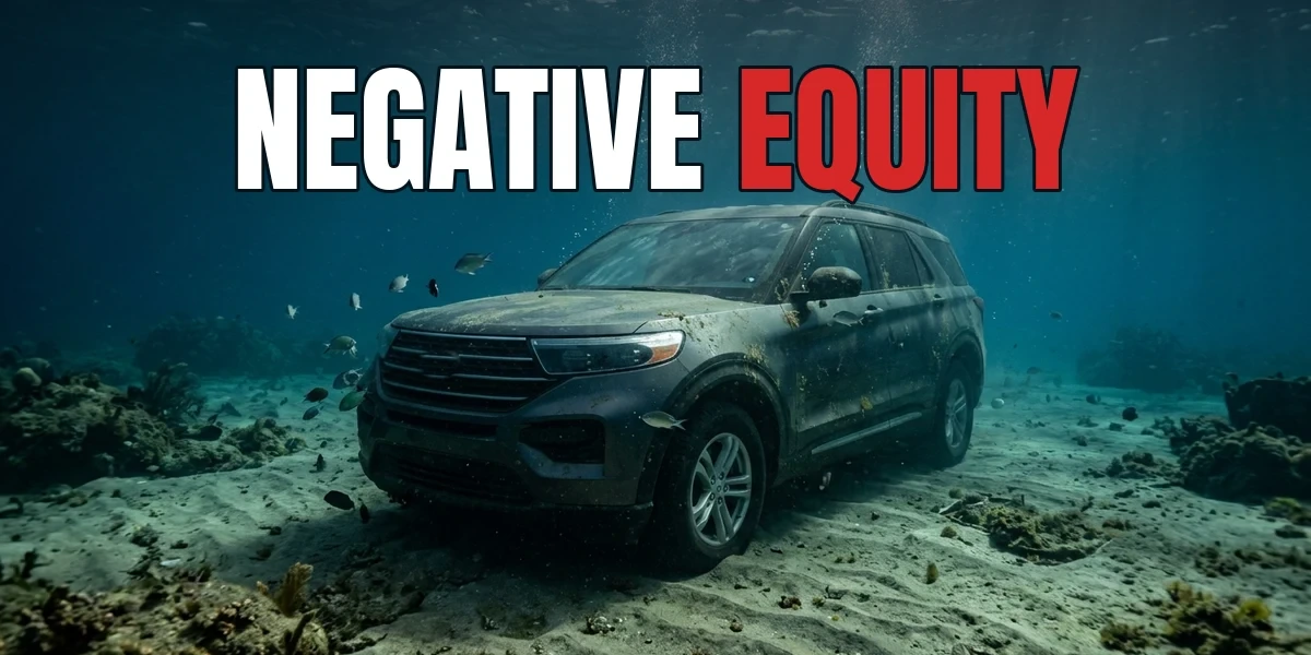 AI-generated illustration: a grey SUV sitting completely underwater on a sandy sea floor, sunbeams and bubbles above it, captioned NEGATIVE EQUITY